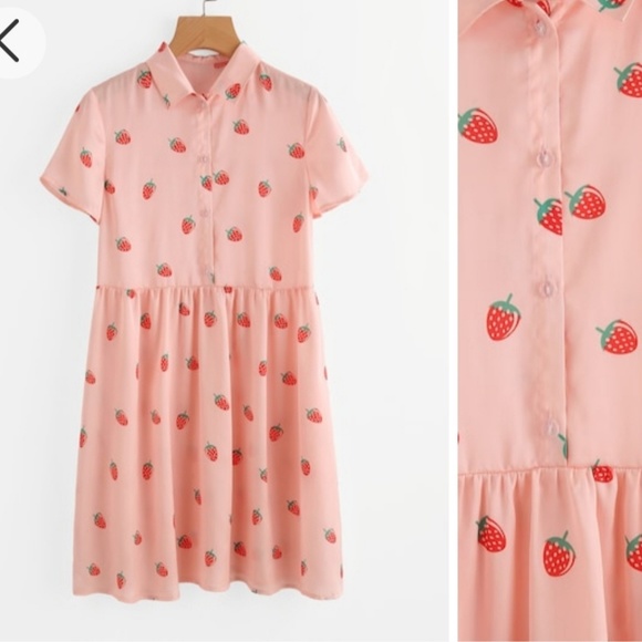 🍓 Strawberry Print Pink Half Placket Smock Dress